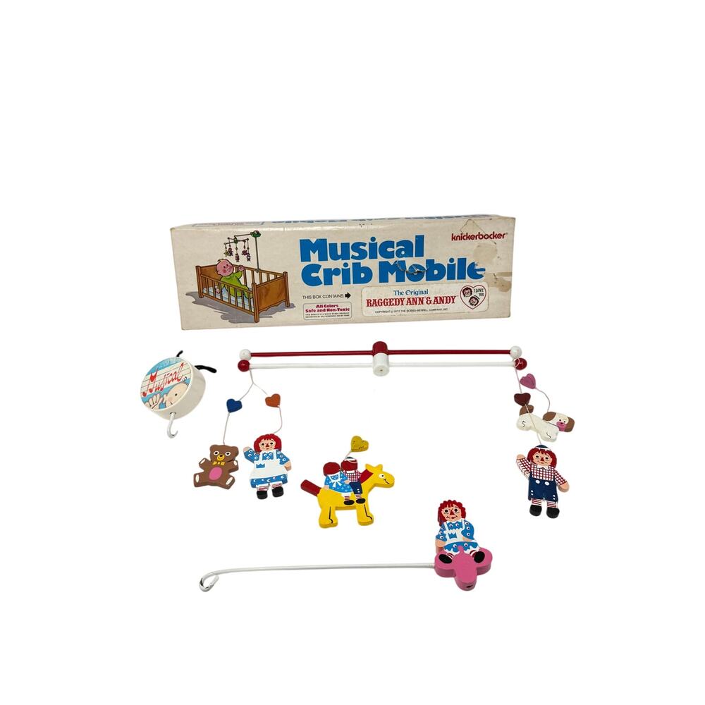 Vintage 1970s Raggedy Ann & Andy Wooden Musical Crib Mobile In Original Box